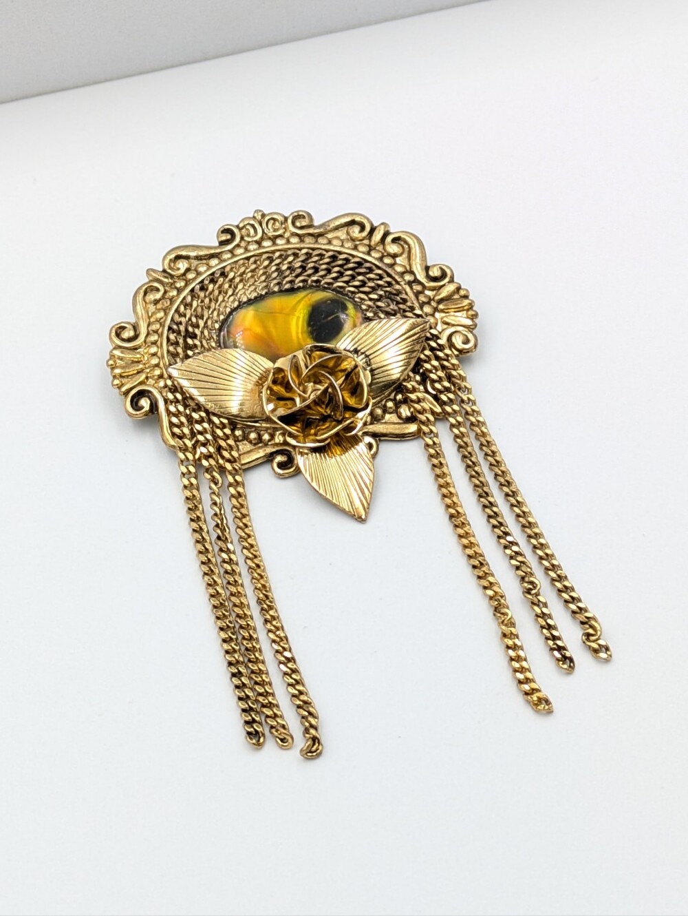 Vintage gold tone shell inlay chain tassel brooch pin with rose